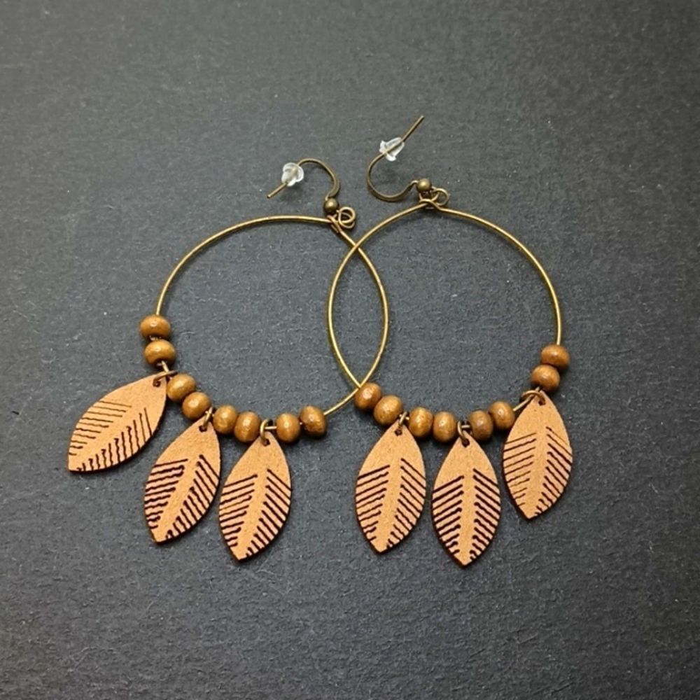 BRONZE wire hoop beaded leaf earrings